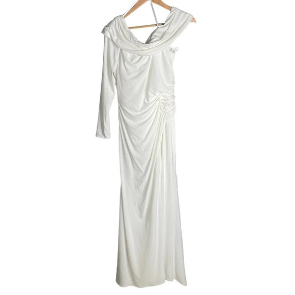 Ieena for Mac Duggal Ruched Jersey Drop Shoulder Foldover Neckline Gown White - Picture 3 of 7